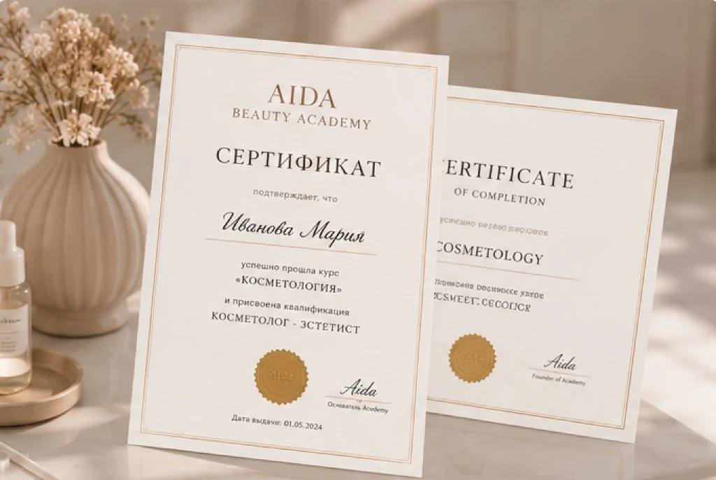 Сертификат AIDA Beauty Academy по курсу косметологии